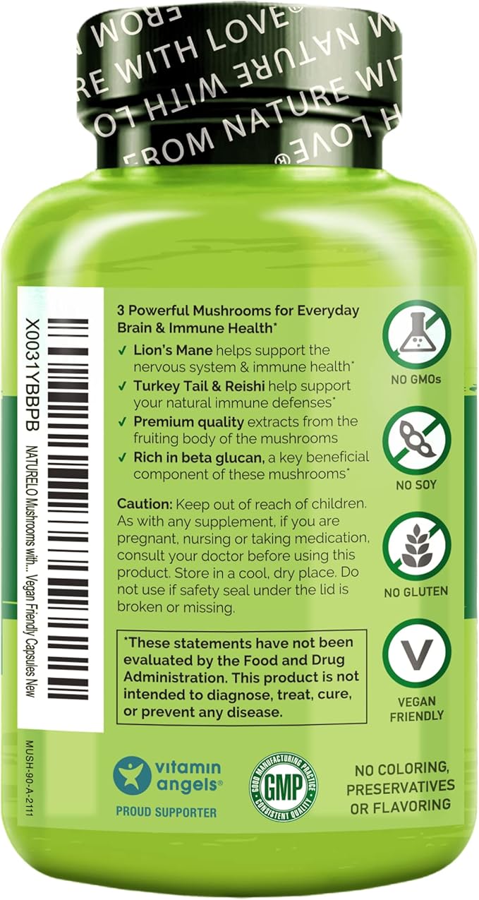 NATURELO Mushroom Supplement – Brain & Immune Health Blend with Lion’s Mane, Reishi, Turkey Tail – 90 Vegan Friendly Capsules (Pack of 2)