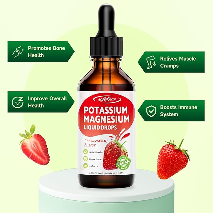 softbear Potassium Magnesium Liquid Drops, High Absorption Calcium Magnesium Potassium Liquid for Bone & Muscle Health Liquid Potassium and Magnesium Supplement Drops Strawberry Flavor 2 Fl Oz