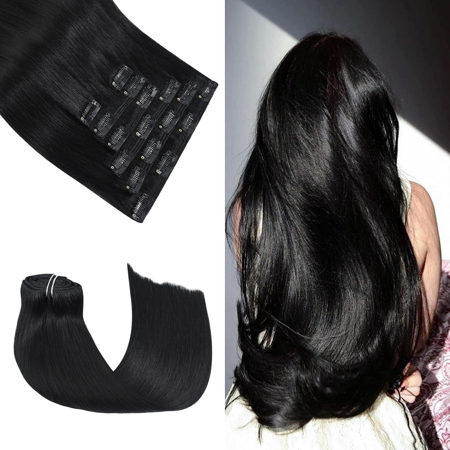 Honsoo Clip In Remy Human Hair Extensions 16In 120G Natural Black Off Black Silky Soft Human Hair No Shedding No Tangling For Th
