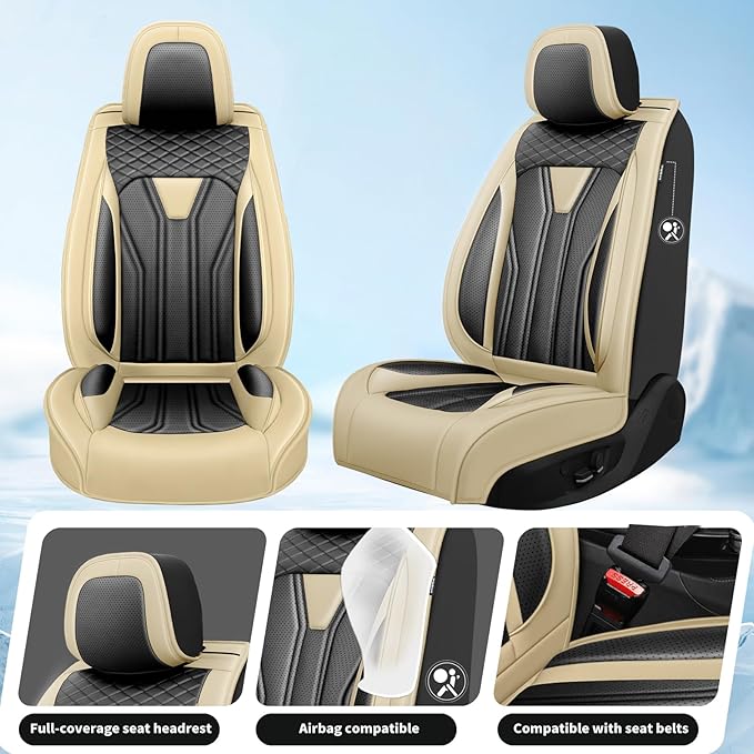 Fit Rogue Car Seat Covers Compatible with Nissan Rogue 2011-2025 2026 - Full Set Premium Leather， Waterproof Breathable， All-Weather Seat Cushion Protecto&Airbag Compatible （Beige & Black