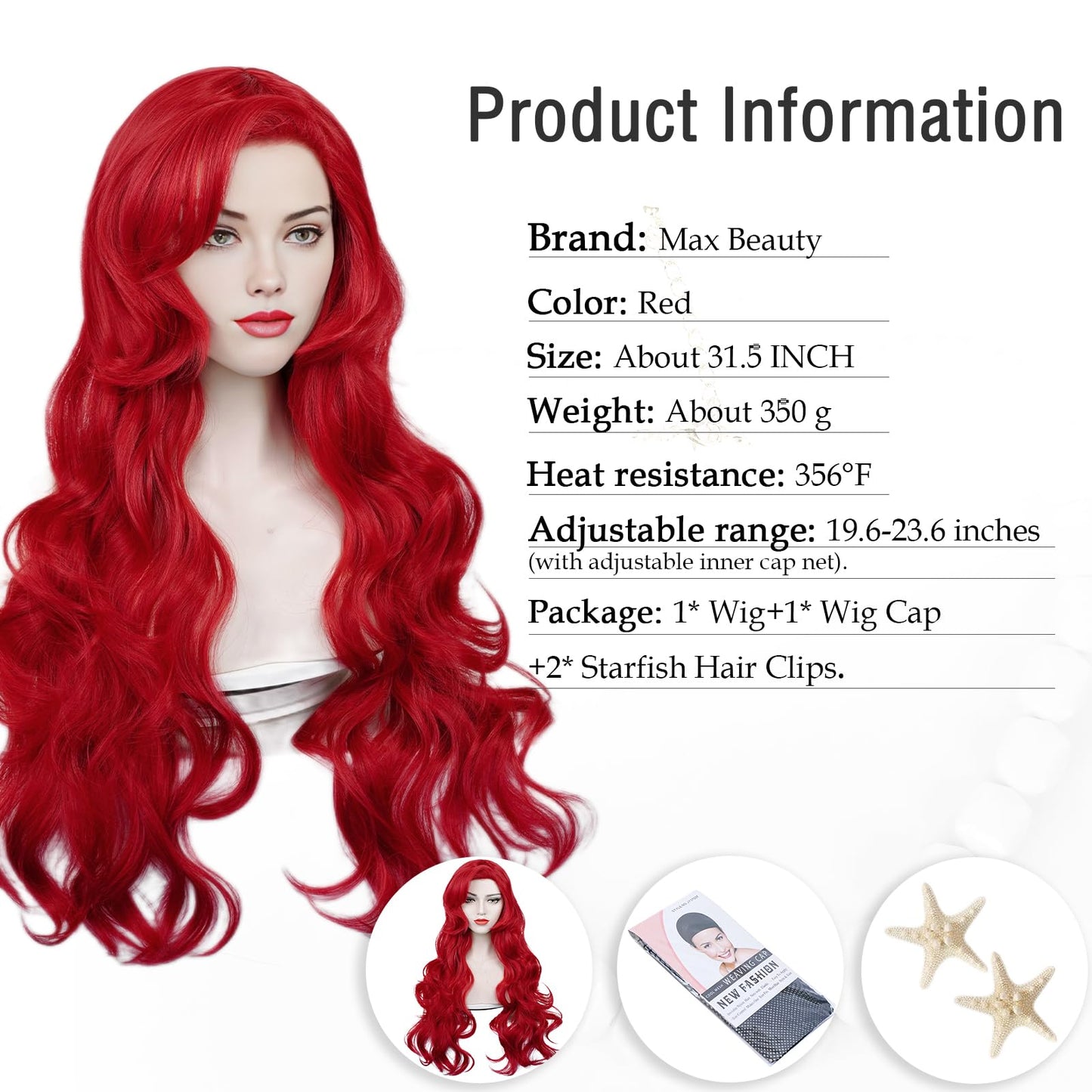 LABEAUT   Max Beauty Red Mermaid Wigs with Starfish Hair Clips, Curly Long Hair Daily Wig Heat Resistant Synthetic Fiber for Hal