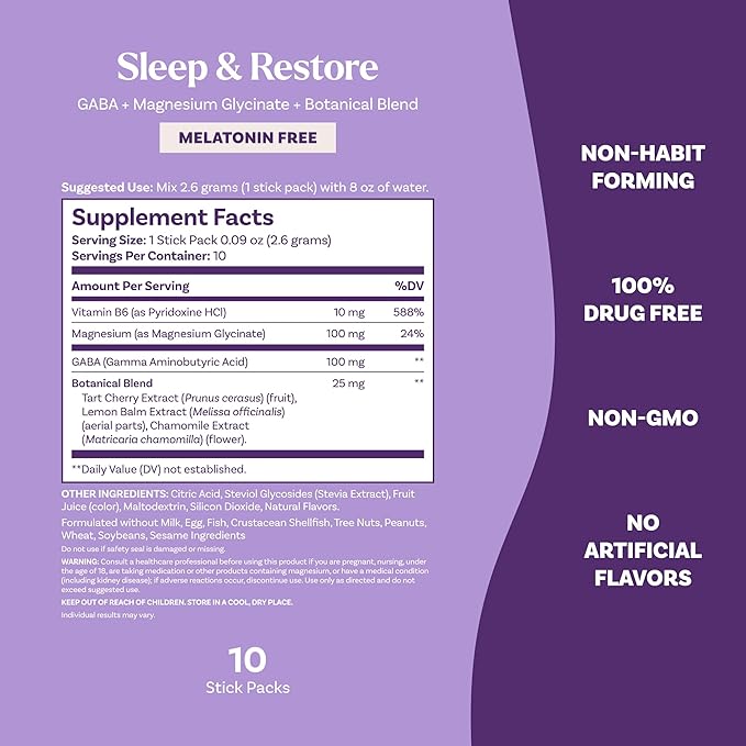Natrol Sleep + Restore Calming Drink Mix with Magnesium Glycinate, Magnesium Sleep Aid, Melatonin-Free, Lemon Chamomile, 10 Stick Packs