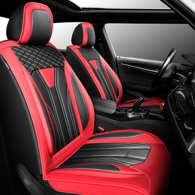 Fit Prius Car Seat Covers for Toyota Prius 2001-2026 -Premium Leather, Waterproof Stain-Resistant, Breathable，All-Weather Seat Cushion Protecto & Airbag Compatible, 2 Front Seat Red & Black