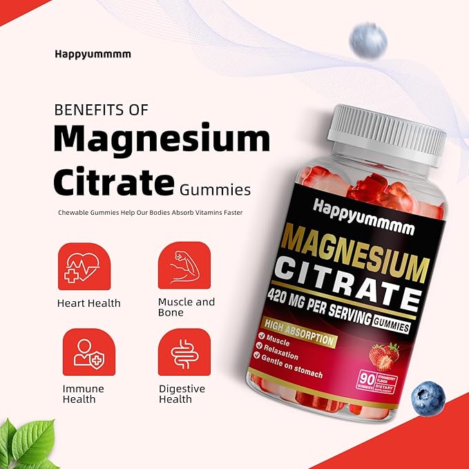 Magnesium Citrate Gummies 420mg per Serving - 90 Vegan Gummies - Promotes Healthy Relaxation, Muscle, Bone, & Energy Support (90 Strawberry Gummies).
