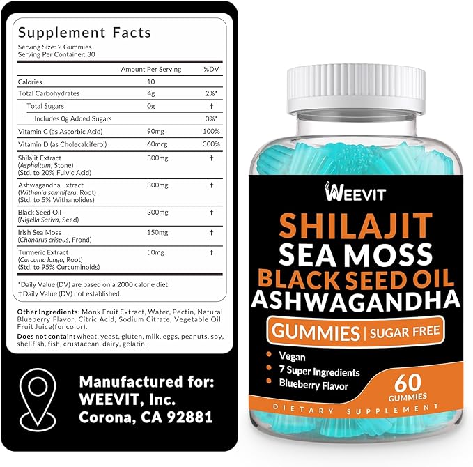 Shilajit Ashwagandha Black Seed Oil Gummies with Sea Moss for Women & Men, All in 1 Supplements Advanced Strength Formula for Immune, Absorption & Energy Support