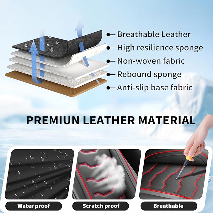 Fit Rogue Car Seat Covers Compatible with Nissan Rogue 2011-2025 2026 - Premium Leather， Waterproof Breathable， All-Weather Seat Cushion Protecto&Airbag Compatible (2 Front Seat Red Line Black)