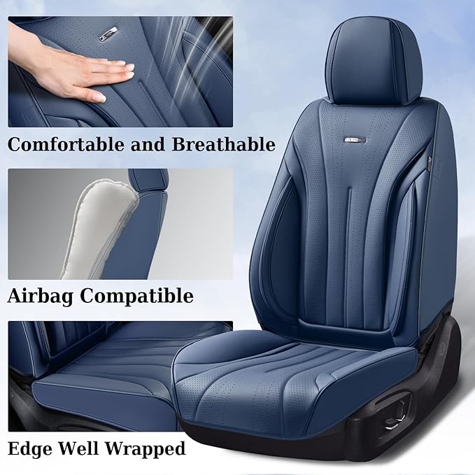 Coverado Front Seat Covers, 2 PCS Leather Seat Cover for Cars, Automotive Seat Cover, Luxury Universal Car Seat Protector, Waterproof Front Seat Car Seat Cushion Fit for Most Sedan, SUV, Trucks (Navy)