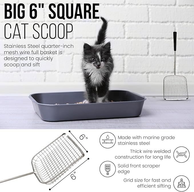 Sand Dipper Cat Poop Scooper & Chicken Poop Scooper - Rugged Big 6" Square Stainless Steel Long Handle for Home Kitty Litter Scoop & Farm Chicken Coop Scooper (Mid-Adjustable)