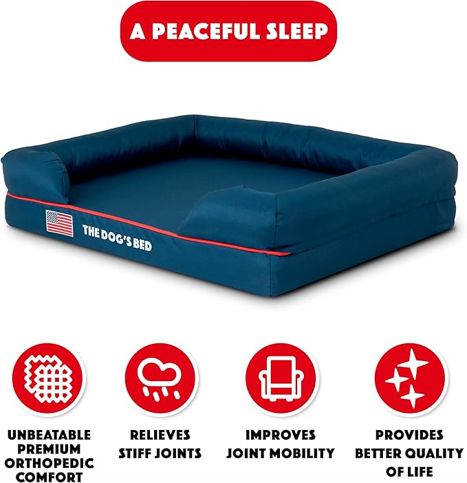 The Dog’s Bed, Medium Blue Oxford with Red Trim USA Flag Dog Bed 30x23.5, Memory Foam, Pain Relief, Post Surgery, Lameness, Supportive, Calming, Waterproof Washable Cover Cover, Veterinary Approved