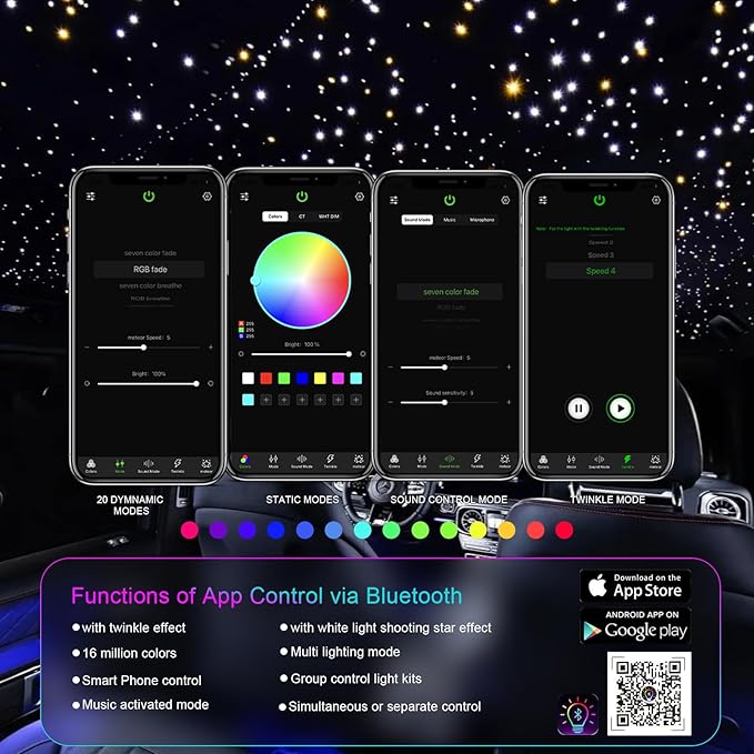 36W 4-Color RGBW Car Starlight Headliner Kit, 800pcs0.03in9.8ft, Twinkle & Sound Activate 4-Port Fiber Optic Light Engine with Bluetooth APP&Remote Control, Star Lights for Car and Home