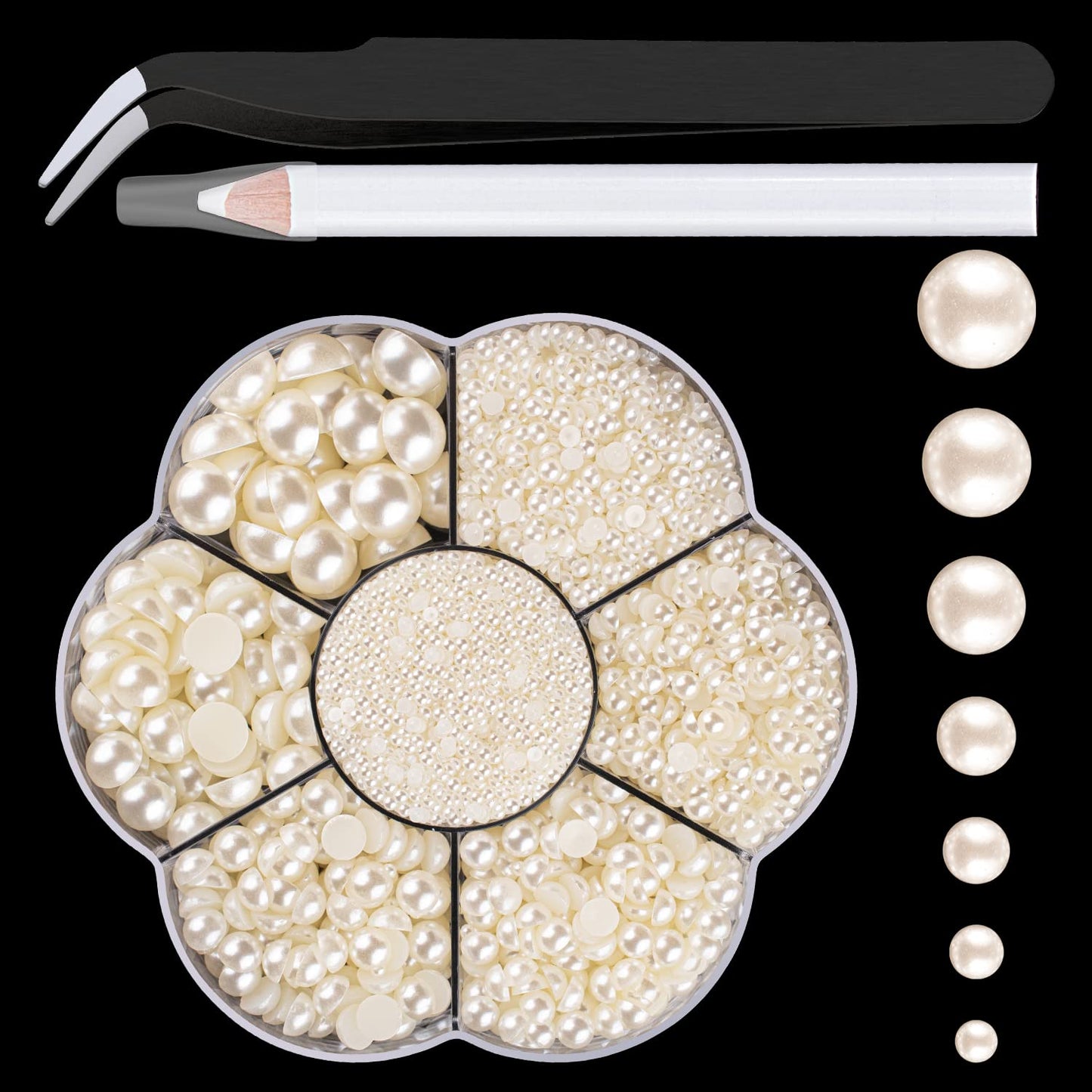 Nail Art Flat Back Half Round Pearl Kits 8, 1 Box Of 2400 Pcs Flat-Back Beige Pearl With Tweezer And Picker Pencil For Home Diy