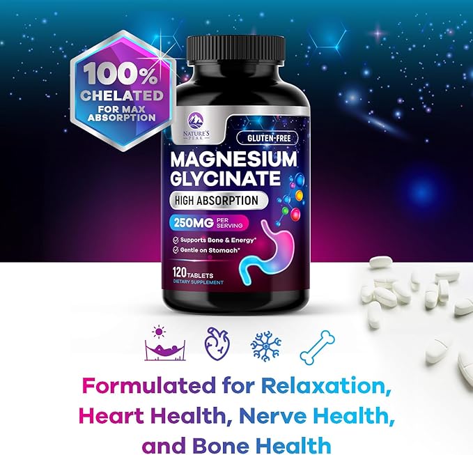Magnesium Glycinate Chelated for Max Absorption - Supports Bone, Muscle, Nerves & Heart Health, Nature's Sleep and Stress Support, Best Magnesium Supplement Pills for Whole Body Support - 120 Tablets