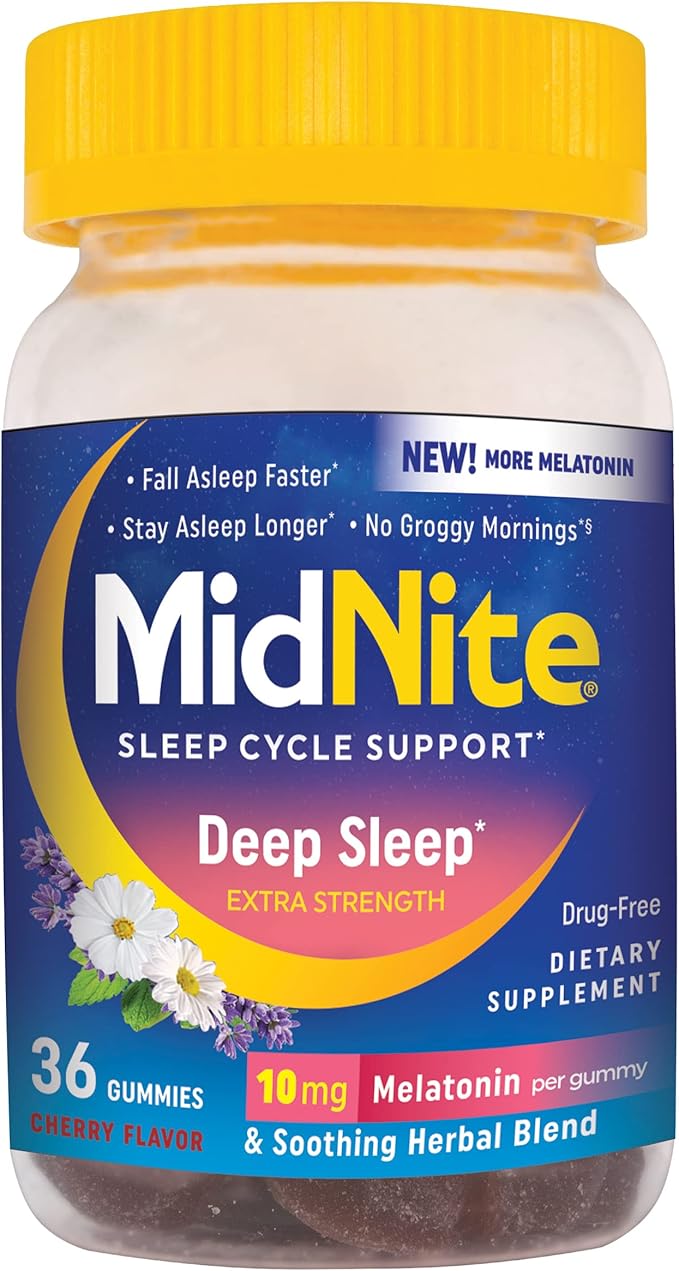 MidNite Deep Sleep Extra Strength, 10 mg Melatonin Sleep Aid, Non-Habit Forming, Herbal Dietary Supplement for Adults, Drug-Free, Gluten-Free, Lactose-Free, Vegetarian-Friendly, 36 Gummies