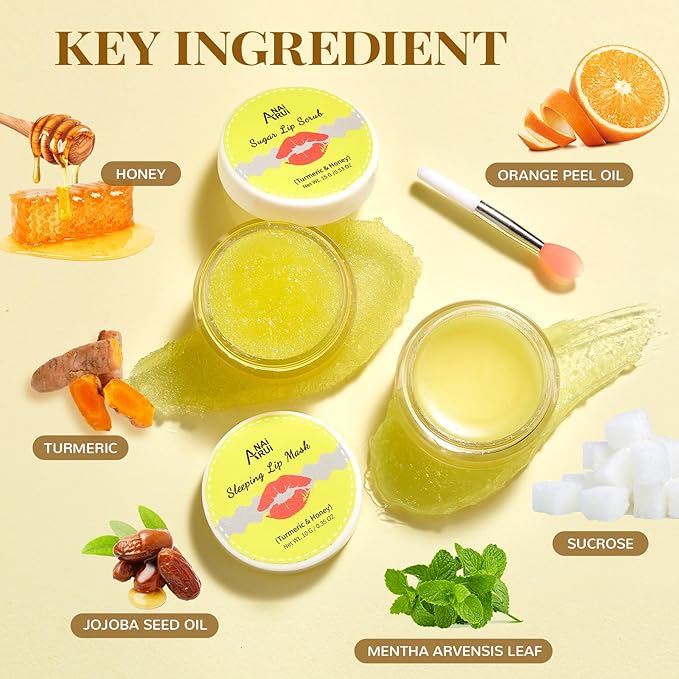 ANAI RUI 2 Lip Care Kits with Turmeric Lip Mask Set & Graperfruit Lip Treatmen Set for Dark Lips, Hydrating & PlumpIng Lips