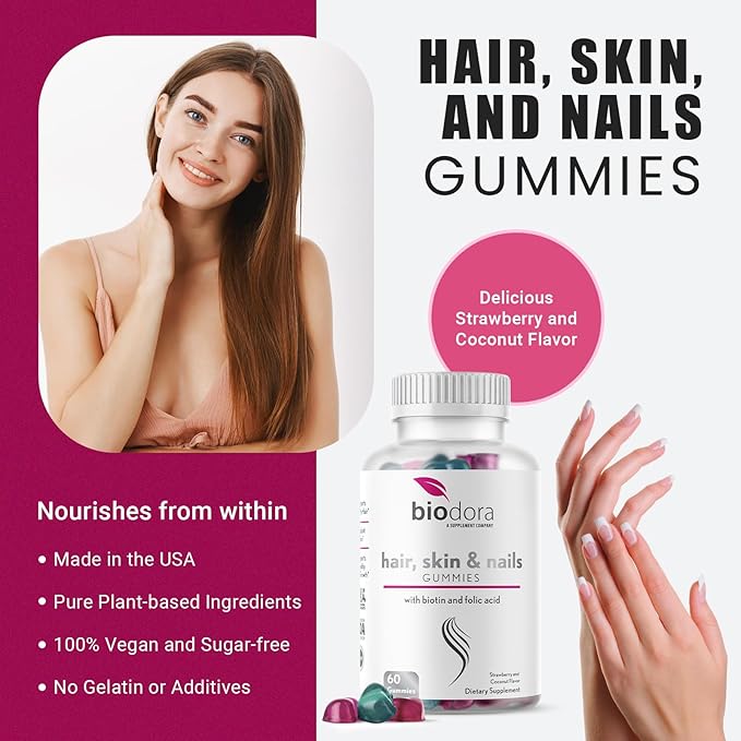 Hair Skin and Nails Gummies, Extra Strength Biotin Gummies with Folic Acid, Inositol and Vitamins, PCOS Symptom Relief & Hormone Balance, Sugar-Free Strawberry & Coconut Flavor, 60 Gummies
