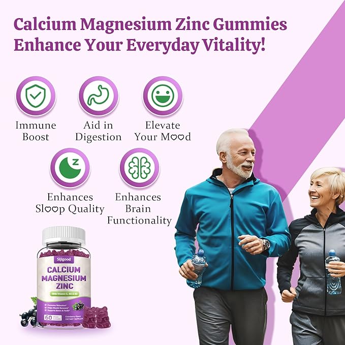 Calcium Magnesium Zinc Gummies with Vitamin C D3 K2, Calcium Gummies for Bone, Muscle, Calm & Zzz Support, High Absorption Formula with Magnesium Zinc Folate Potassium, Elderberry Flavored 60 Counts