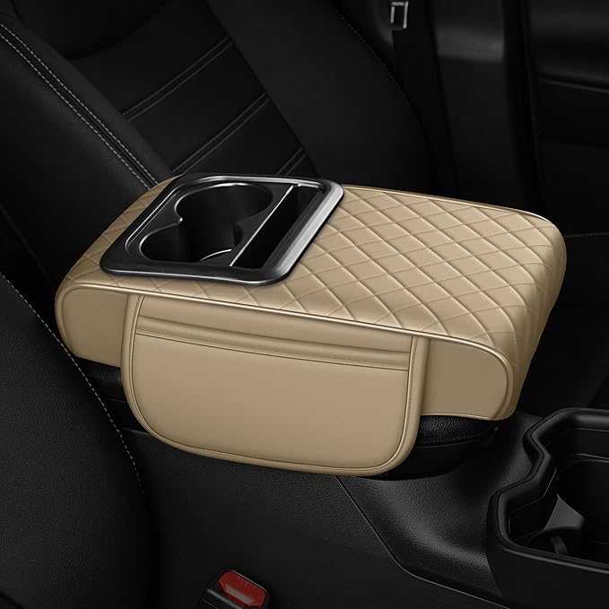 Armrest Cover for Car Fit for Jeep Grand Cherokee L - Center Console Cover with Cup Holders and 2 Storage Pockets(Beige)