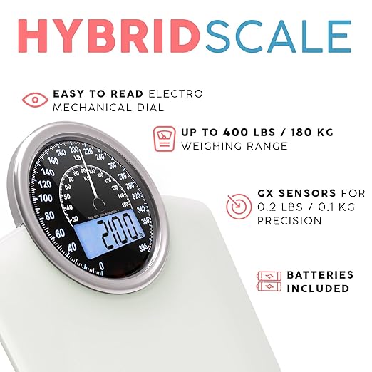 Adamson Hybrid 2-in-1 Analog & Digital Weighing Scale for Body Weight up to 400lbs + Thick Tempered Glass + Extra Large Display + Easy to Read Digital Bathroom Scale + New - White