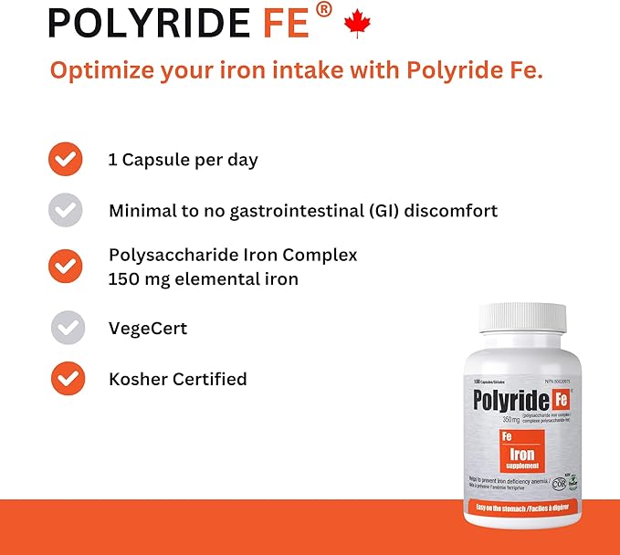 Seaford Pharmaceuticals Inc, Polyride Fe Polysaccharide Iron Complex, Deficiency Anemia, Easy on the Stomach with Energy Support and 150 mg Elemental Iron, | 350 mg - 30 Capsules
