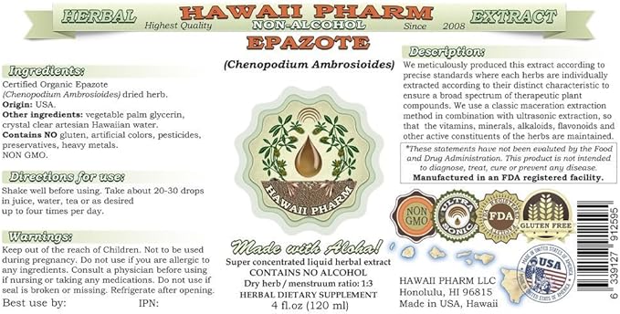 Epazote Alcohol-Free Liquid Extract, Epazote (Chenopodium Ambrosioides) Dried Herb Glycerite Hawaii Pharm Natural Herbal Supplement 15x4 oz