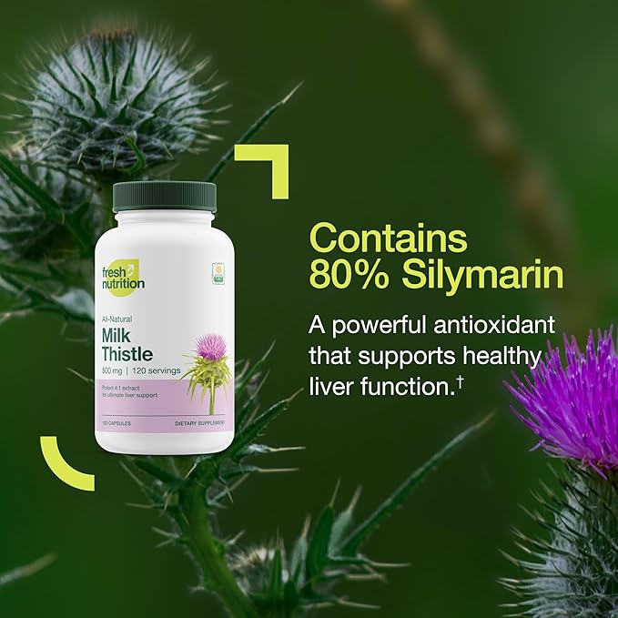 Fresh Nutrition Organic Milk Thistle Supplement - 2000mg Potent Strength – 4 Month Supply – Silymarin Thistle Seed Standardized Extract 4:1 - Made in The USA - 120 Capsules
