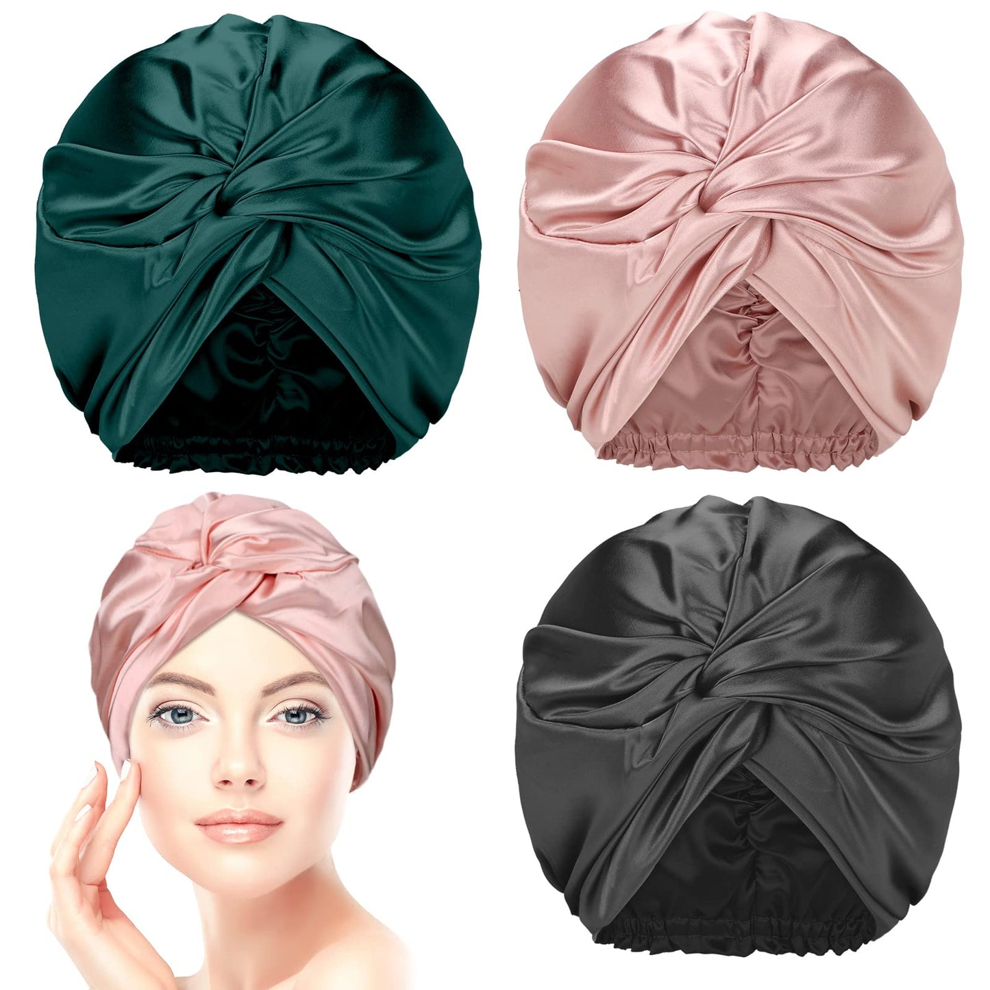 3 Pieces Silk Hair Wrap For Sleeping Women Bonnet Silk Sleeping Bonnet Elastic Hair Care Sleep Cap For Natural Curly Hair (Black