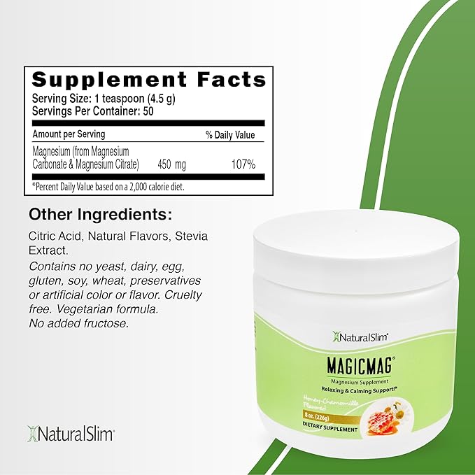 NaturalSlim Magicmag Pure Magnesium Citrate Powder Stress, Constipation, Muscle, Heart Health, and Sleep Support | Honey Chamomile Flavored Magnesium Supplement - 8oz Drink Mix (3 Pack)
