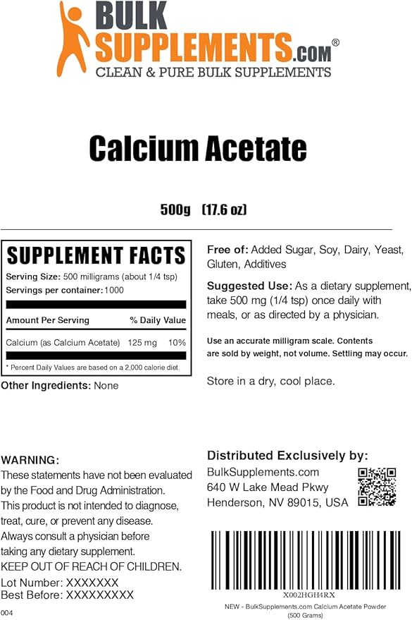 BulkSupplements.com Calcium Acetate Powder - Calcium Supplement - Food Grade & Gluten Free, 500mg (125mg Calcium) per Serving, 500g (1.1 lbs) (Pack of 1)