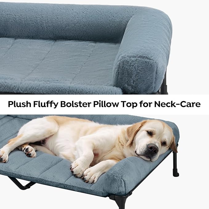 Veehoo Cooling Elevated Dog Bed with Fluffy Plush Bolster Cushion, Indoor Raised Dog Beds for Large Dogs, Soft Pet Sofa Cot with Removable Washable Mat, No-Slip Feet, 49 x 33 inches, Haze Blue