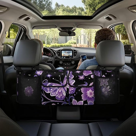 Hanging Car Trunk Organizer with 4 Pockets Purple Butterfly Auto Back Seat Storage Bag Auto Interior Accessories for Sedans SUV MPV Trucks Jeep Pickup