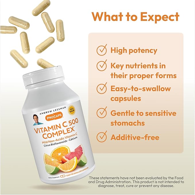 ANDREW LESSMAN Vitamin C 500 Complex 360 Capsules - Non-Acidic Vitamin C Plus Citrus Bioflavonoids for Immune System and Anti-Oxidant Support, No Stomach Upset, Small Easy to Swallow Capsules