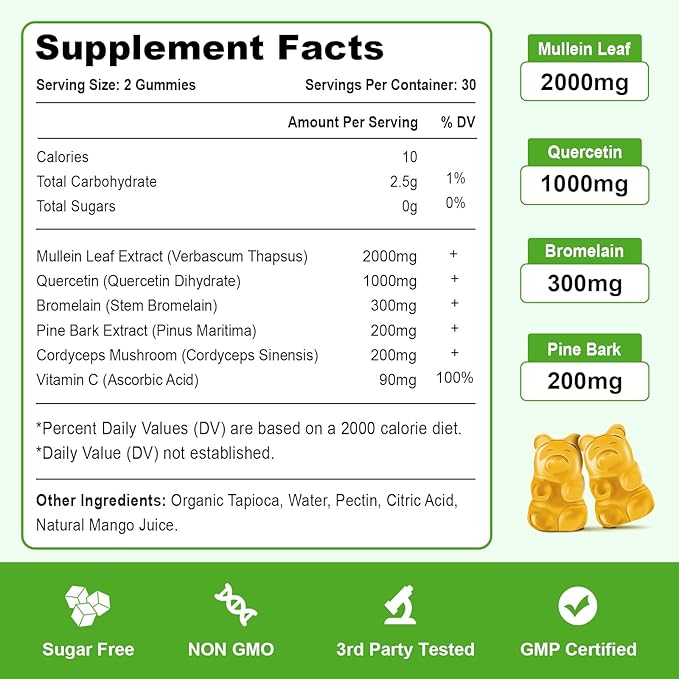 Mullein Gummies, Mullein Leaf Extract with Bromelain, Quercetin, Pine Bark Support Lung Cleanse for Healthy Breathing, 60ct
