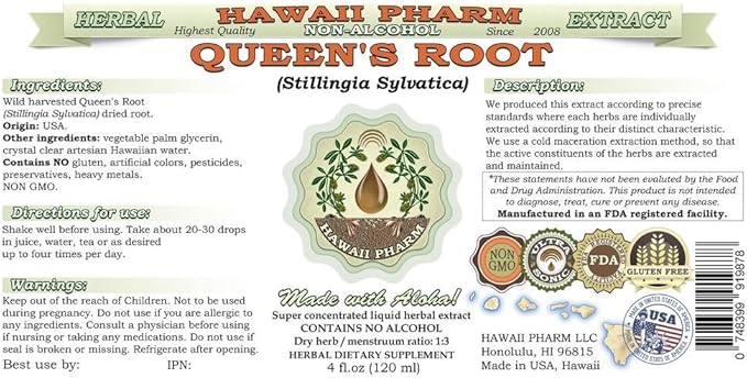 Queen's Root Alcohol-Free Liquid Extract, Queen's Root (Stillingia Sylvatica) Dried Root Glycerite Natural Herbal Supplement, Hawaii Pharm, USA 32 fl.oz