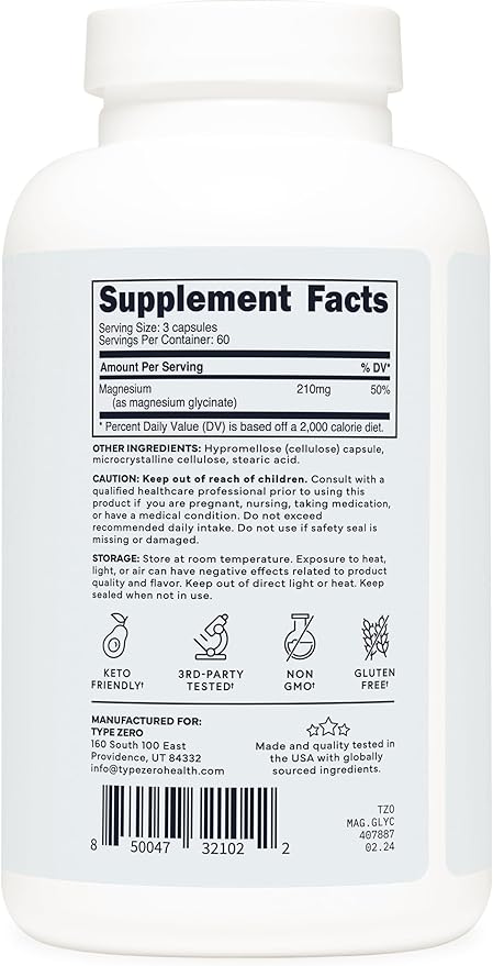 Type Zero Magnesium Glycinate (210mg | 180 Capsules) Pure, Non-GMO, Gluten Free, Natural High Absorption Magnesium Supplement