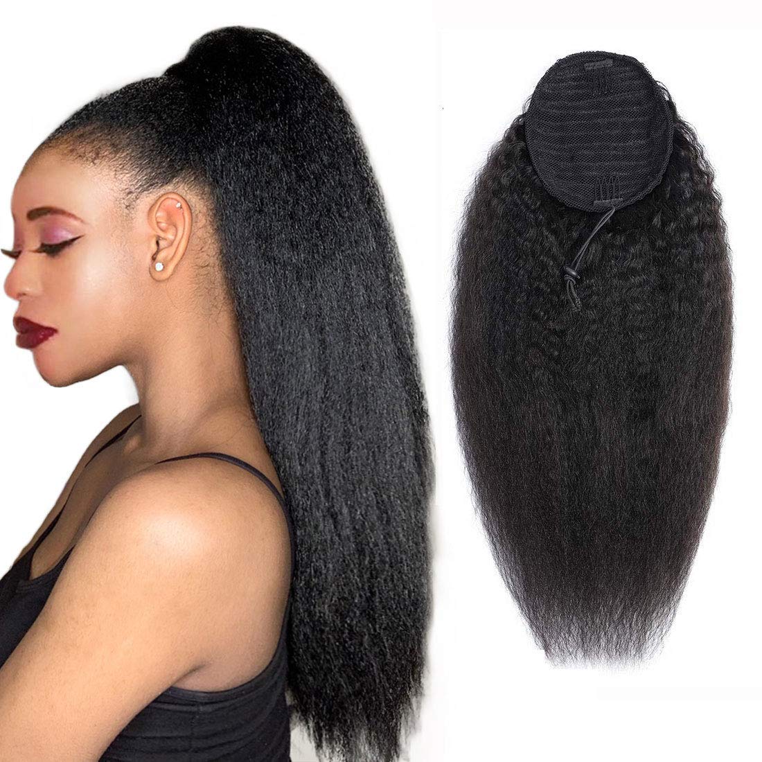 Drawstring Ponytail Extension Human Hair Afro Kinky Straight Ponytail For Black Women Yaki Human Hair Natural Black Color Brazil