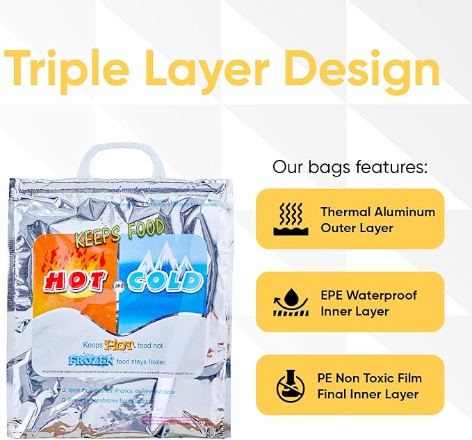 Superio Hot and Cold Insulated Bags for Food Delivery, Grocery Shopping Bags, Food Storage for Hot and Frozen Food for Travel, Disposable Cooler Bag, Reinforced Thermal Lunch Bag (10, 16"x19.25")