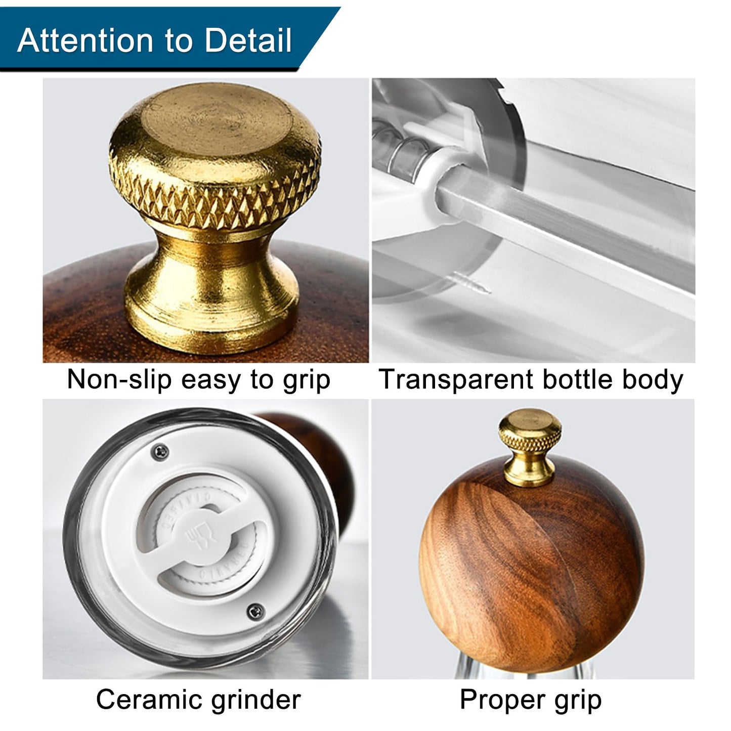 Premium Acrylic Salt and Pepper Mill Set, 6.7 Inches Acacia Wood Grinder with Adjustable Coarseness Mill, Refillable Manual Salt Grinder, Enjoy Fresh Ground Pepper Sea Salts & Various spices