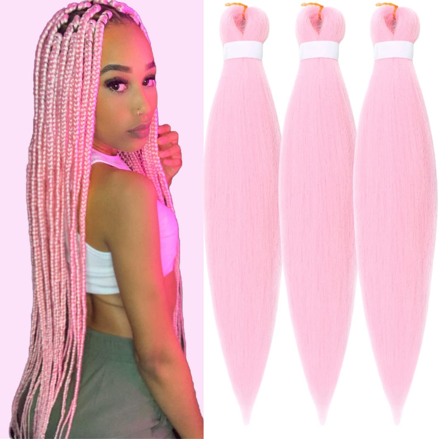 Gozill Pink Braiding Hair Pre Stretched Box Braids Kanekalon Human Braiding Hair Extension 26 Inch