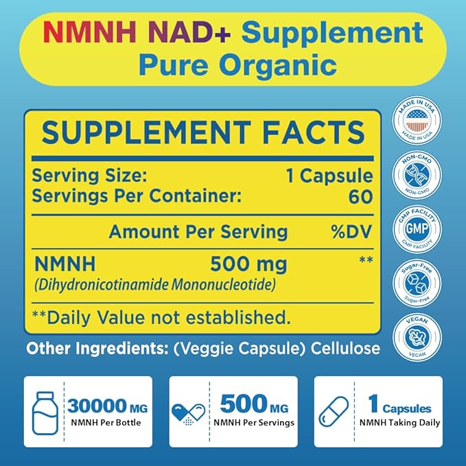 NMNH Supplement (Dihydronicotinamide Mononucleotide)500mg Per Serving, NMNH NAD Supplements for Women & Men, NMNH to Boost NAD+ Levels As We Age for Anti Aging, Cell Health*, Brain* , Energy- 60 Count