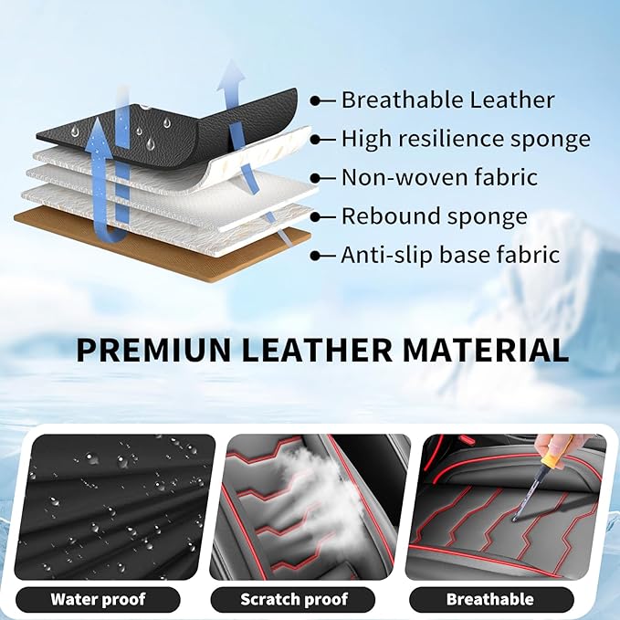 Fit Sonata Car Seat Covers Premium Leather for Hyundai Sonata 2007-2025 2026. Waterproof， Breathable, Scratch-Resistant & All-Weather Seat Cushion Protector（Front Seat,Red Line Black