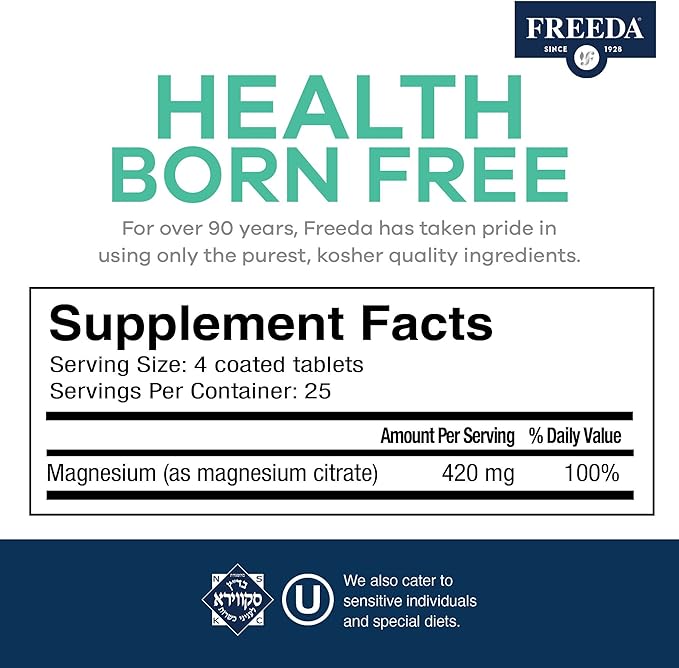 Freeda Magnesium Citrate 400mg Per Serving - Pure Magnesium Citrate Magnesium Supplement - Magnesium Citrate Tablets - Mag Citrate Magnesium Mineral Supplements - Magnesium Pills (100 Ct)