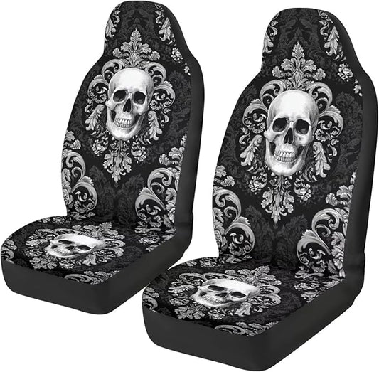 Skull Flower Car Seat Covers Front Seats Only Breathable Stretch Polyester Fabric Cover Easy to Install Car Accessories Universal Fit for Most Vehicle