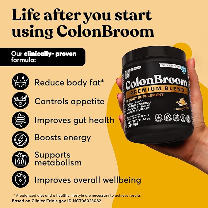 ColonBroom Premium Weight Management Supplement (Strawberry) - Colon Broom Psyllium Husk Fiber Powder Drink - Gluten Free, Non-GMO Colon Cleanse for Bloating Relief & Gut Health, 100 Servings