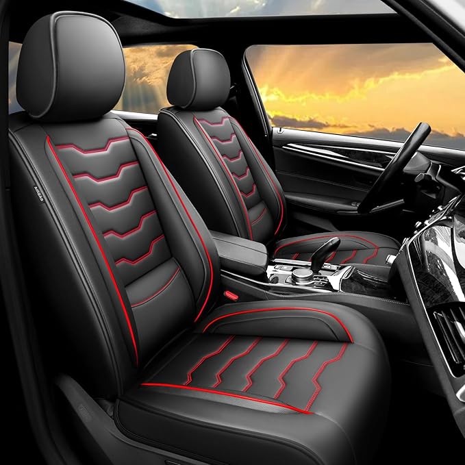 Fit Versa Car Seat Covers Compatible with Nissan Versa 2008-2025 2026 - Full Set Premium Leather， Waterproof Breathable， All-Weather Seat Cushion Protecto&Airbag Compatible（Red Line Black