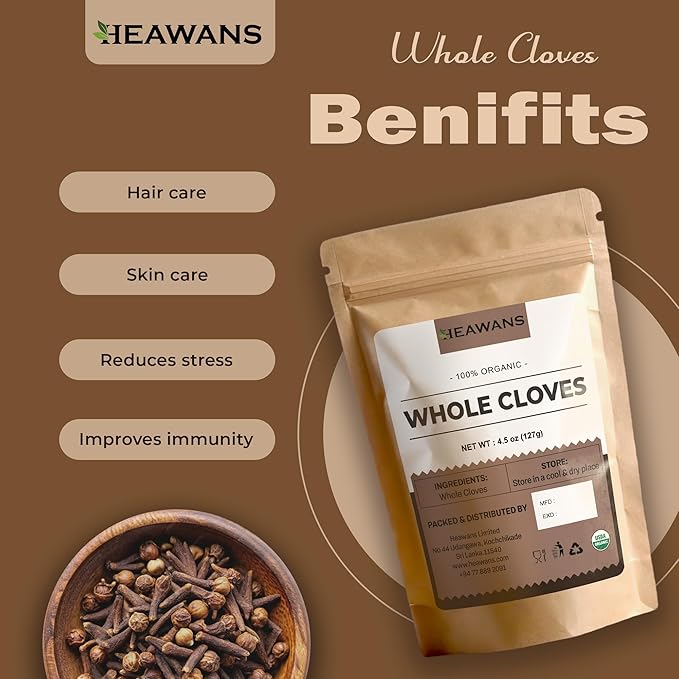 Heawans Hand Picked Premium Grade Organic Whole Cloves 4.5 oz, Packed in a USDA certified farm.