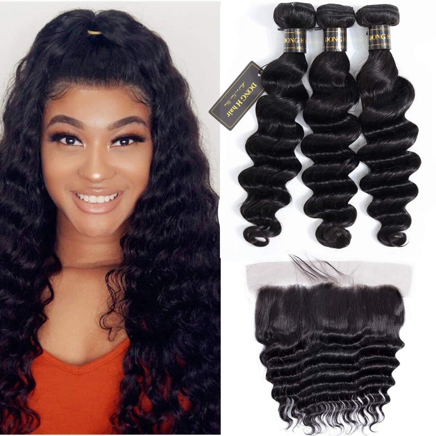 Peruvian Loose Deep Wave Frontal With Bundles 13X4 Lace Frontal Closure With Baby Hair Free Part (18 20 22+16,Natural Black) 9A