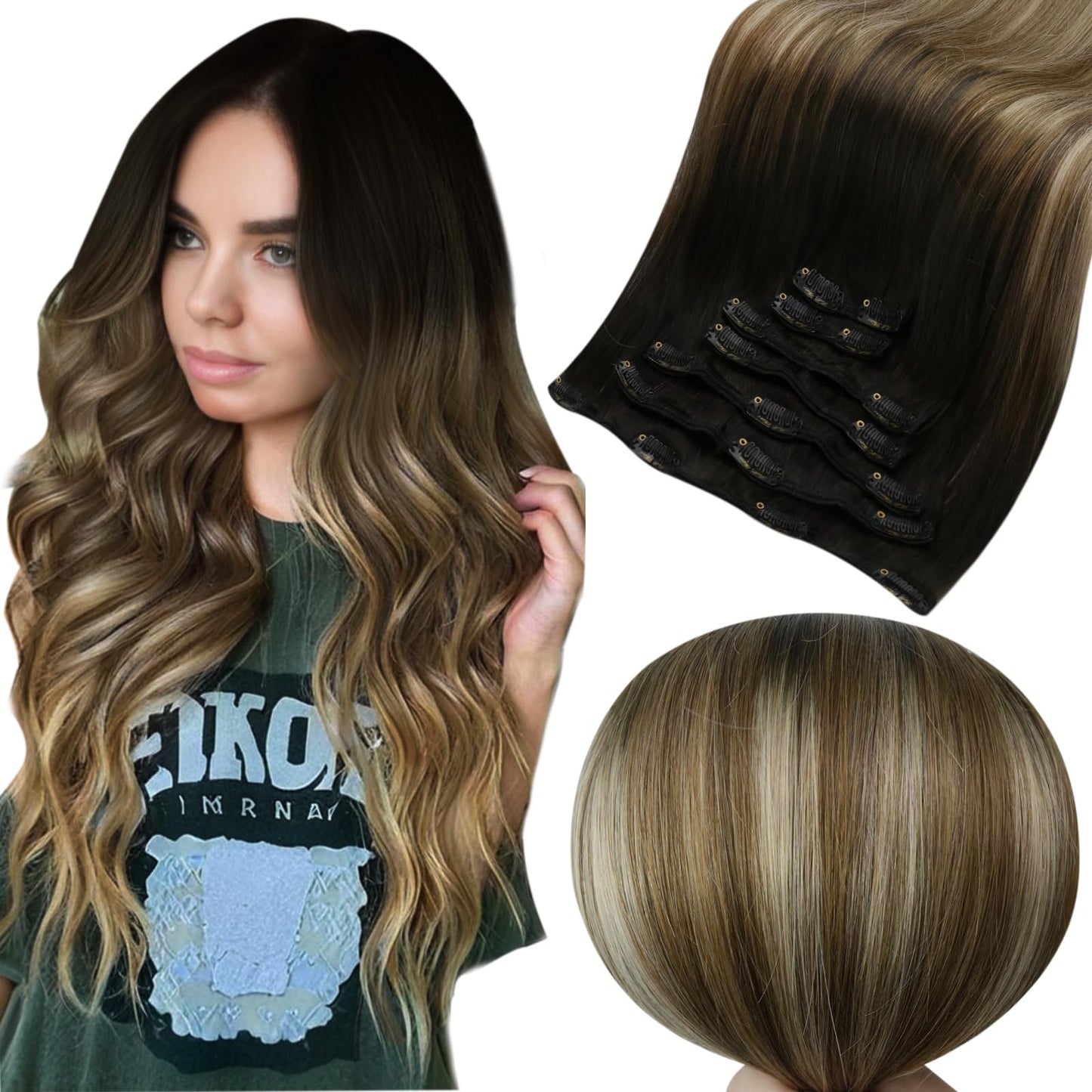 Full Shine Clip In Hair Extensions Real Human Hair Balayage Black To Light Brown Mix Honey Blonde Hair Extensions Real Human Hai