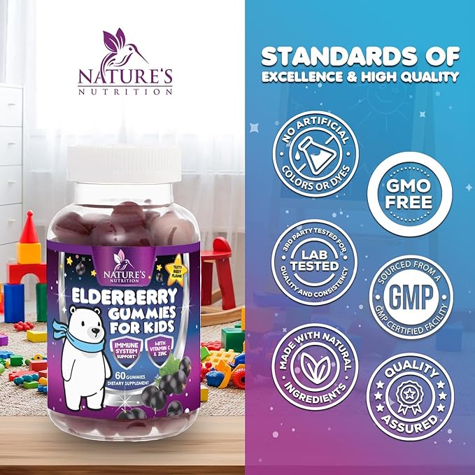 Children's Daily Immune Support Gummies with Real Elderberry + Vitamin C & Zinc to Support Kids Healthy Immune System, Natures Sambucus Elderberry Gummy, Chewable Supplement, Gluten-Free, 60 Gummies