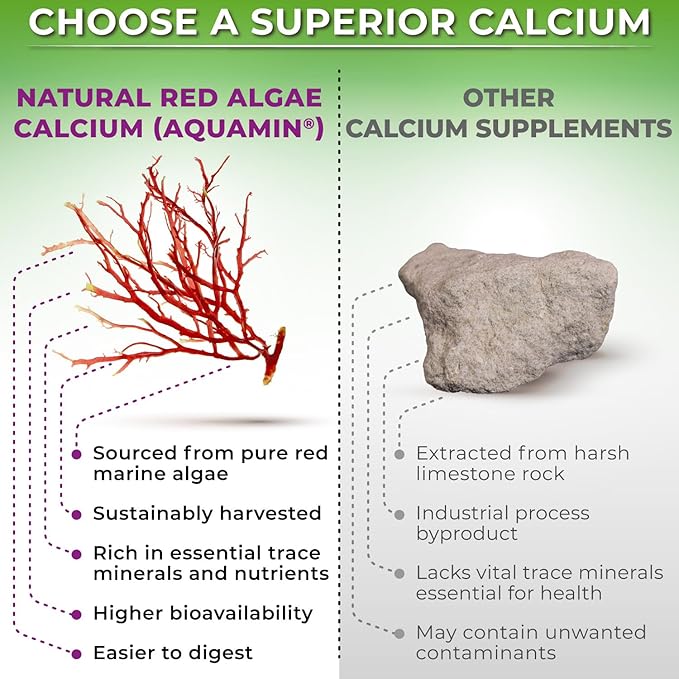 Plant-Based Calcium 500mg (Aquamin) – Vegan Calcium Magnesium Zinc D3 with Vitamin K2 & Organic Turmeric – Enhanced Bone and Muscle Health & Strength, Immune Support for Women & Men - 180 Count