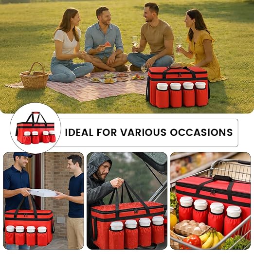 CIVJET Insulated Food Delivery Bag with 4 Cup Holder and Bottom Support, XX-Large Insulated Grocery Bags Keep Food Hot/Cold, Cooler Bags with Drink Carrier, Food Carrier Catering Bag for Events, Red
